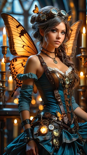 16k, HD, RAW photo, best quality, (masterpiece:1.2), (realistic, photo-realistic), (highly detailed), Steampunk Faery Girl,  Butterfly Wings, in a candle lit room ,STEAM PUNK, more contrast, more sharpness, UHD