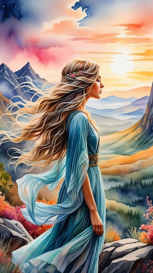 A whimsical watercolor piece depicting a lovely maiden lost in thought as she gazes into the vastness of a mystical landscape. Soft yet detailed brushstrokes bring to life surreal colors that blend harmoniously, featuring glowing flora and misty mountains shrouded in an otherworldly haze. Her flowing locks dance gently in the alien breeze, as if transported by the fantastical essence of this sci-fi world.