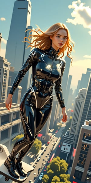 In this breathtaking masterpiece, a stunning teenage girl with golden locks dons a sleek hi-tech suit as she effortlessly rides her futuristic flying board through the urban skies. Perfectly framed by 35mm photography, the scene unfolds against a backdrop of gleaming skyscrapers in a modern metropolis. Hyper-realistic details shine at 16k resolution, with hyper-realistic lighting casting dramatic shadows and highlighting every strand of her blonde hair. The subject's pose exudes confidence as she soars effortlessly through the air, her suit glistening with precision-cut lines and metallic accents. With sharpness, contrast, and brightness amplified to perfection, this photorealistic masterpiece transports viewers to a world of innovative design and limitless possibility.