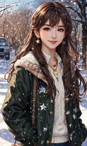 Anime, 1girl, long hair, looking at viewer, smile, bangs, brown hair, black hair, hair ornament, long sleeves, 1boy, brown eyes, jewelry, jacket, upper body, earrings, outdoors, parted lips, solo focus, necklace, star \(symbol\), sweater, lips, coat, fur trim, own hands together, ground vehicle, motor vehicle, snow, white sweater