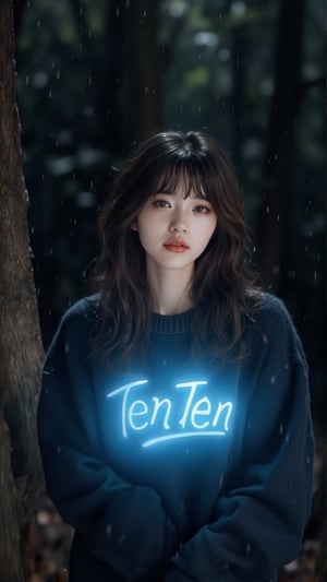 Masterpiece, beautiful 18 years old Korean girl, kawaii, long hair, bangs, brown eyes, glossy lips, wearing oversized sweater with the text "TenTen" flashing in light blue neon light, in a dark wooded area, outdoors, happy pose, rain forest, dark atmospheric, flash photography, perfect lighting