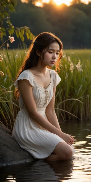 A young woman, 18 and solo by the riverbank's soft twilight glow, sits forlornly awaiting her distant lover. Her porcelain complexion sullied by tears, her gaze drifts into the murky water as if seeking solace in its quiet depths. The setting sun casts a warm, melancholic hue upon her heartbroken face, emphasizing the sorrow etched across her features.