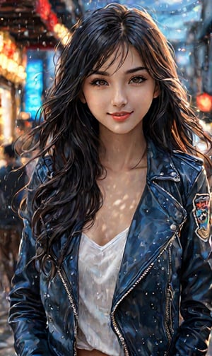 Anime, (masterpiece), (extremely intricate:1.3), (realistic), score_9, score_8_up, entered, award winning upper body digital art, (hyperelistic shadows) | 1girl, 18y.o, very beautiful, long_black_hair, light_brown_eyes, wet_sexy_lips, lovely_smile, adored, tight blue jean, open leather jacket, | city, sea, bokeh, blurred background, depth of field, Her beauty is so breathtakingly precise it seems almost heavenly