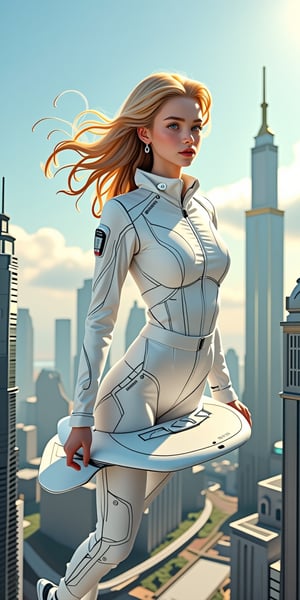 (Masterpiece, photorealistic, HD, high_resolutions, hyper_realistic, highly_detailed, 16k, perfect_lighting, more sharpness, more contrast, more brightness, more detailed). Photography 35mm, In a futuristic scene : a beautiful teenage girl, blonde hair, wearing a hi-tech suit, riding a futuristic flying board, she is flying on the air, past skyscrapers in a modern and futuristic city.