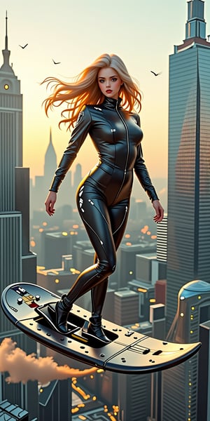 In this breathtaking masterpiece, a stunning teenage girl with golden locks dons a sleek hi-tech suit as she effortlessly rides her futuristic flying board through the urban skies. Perfectly framed by 35mm photography, the scene unfolds against a backdrop of gleaming skyscrapers in a modern metropolis. Hyper-realistic details shine at 16k resolution, with hyper-realistic lighting casting dramatic shadows and highlighting every strand of her blonde hair. The subject's pose exudes confidence as she soars effortlessly through the air, her suit glistening with precision-cut lines and metallic accents. With sharpness, contrast, and brightness amplified to perfection, this photorealistic masterpiece transports viewers to a world of innovative design and limitless possibility.