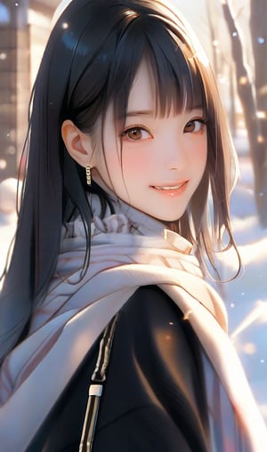 Anime, Masterpiece, HD, 8k, high_resolution, best_quality, 1girl, 18y.o, Beautiful and delicate light, (beautiful and delicate eyes), pale skin, big smile, (brown eyes), (black long hair), dreamy, medium chest, woman 1, (front shot), Korean girl, bangs, soft expression, height 170, elegance, bright smile, 8k art photo, realistic concept art, realistic, portrait, necklace, small earrings, handbag, fantasy, jewelry, shyness, skirt, winter parka, scarf, snowy street, footprints, perfect ligjting, more_realistic, Ultra High Definition,Geuliss