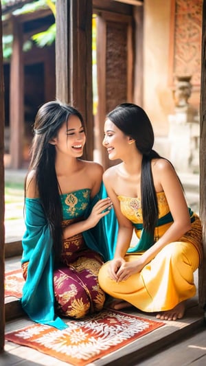 A warm golden light spills through the intricately carved wooden window frame, casting a cozy glow on the traditional Indonesian setting. Two young girls, 2girls, sit cross-legged on a worn wooden mat, their stunning kebaya and matching sarong a vibrant splash of color against the rustic backdrop. Long black hair cascades down one girl's back as they gaze at each other with serene expressions, their laughter and joy radiating from the scene.