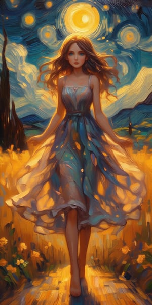 A majestic oil painting on canvas captures the ethereal essence of a ravishing woman, her piercing blue eyes and luscious lips glistening in the silvery moonlight. Her flowing locks wave gently as she stands serenely beneath the celestial glow, her translucent dress shimmering like stardust against the dark, mysterious night. The dramatic backdrop features majestic mountains and rolling hills, bathed in a warm, golden light that heightens the sense of wonder.