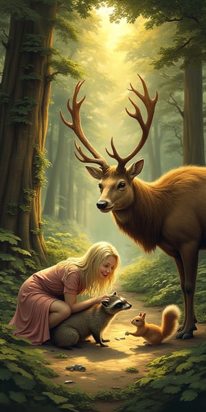 A sultry sunbeam filters through the dense foliage, casting dappled shadows on the forest floor. A stunning young woman, her long blonde hair tousled and loose, bends to pet a curious raccoon's soft fur. A majestic stag grazes peacefully beside her, its large antlers reaching towards the canopy above. In the distance, a playful squirrel chases its tail, adding to the whimsical atmosphere as the girl laughs with joy, surrounded by nature's majesty.