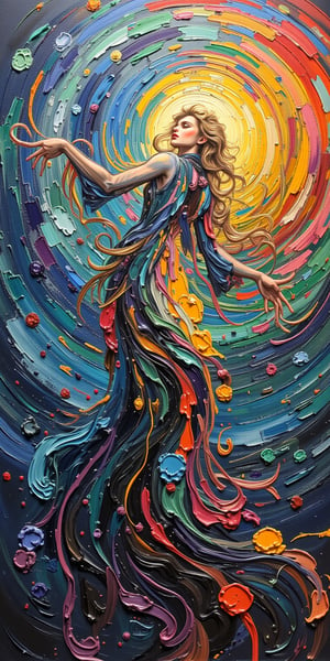 A swirling vortex of vibrant colors dominates the canvas as a beautiful girl's body melts into the painting, her long wavy hair blending with the abstract shapes. In the eerie light, she appears suspended within the artwork, evoking the surreal atmosphere of Zdzislaw Beksinski. Graham Sutherland-inspired tendrils of paint seem to wrap around her, while Tracy Adams-esque textures add depth. A nod to Vincent van Gogh's expressive brushstrokes and Gabriel Pacheco's abstracted forms complete this stunning surrealist masterpiece.