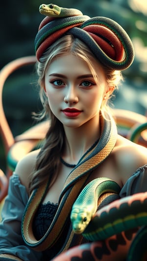 In a wonderland, a stunning 18-year-old girl sits serenely, her porcelain skin glowing in the soft, ethereal light. Her hair is replaced by an array of vibrant snakes like queen of snakes, each one meticulously wrapped around her head like a living crown, her piercing blue eyes locked onto yours.