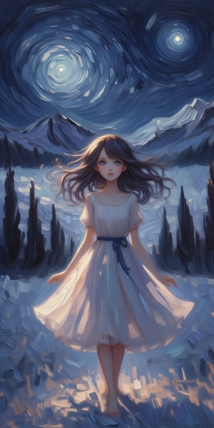 In this captivating oil painting, a ravishing young woman, 18 years old, with luscious, flowing locks, stands poised in a serene winter wonderland at dusk. Her ethereal gaze, illuminated by piercing light blue eyes, shines beneath a diaphanous dress, creating a striking juxtaposition against the dark night. The composition features half-body portraiture, showcasing her elegant form against the snow-kissed landscape. In the background, dramatic mountain and hilltop silhouettes unfold against the starry sky, bathed in perfect light with heightened contrast.