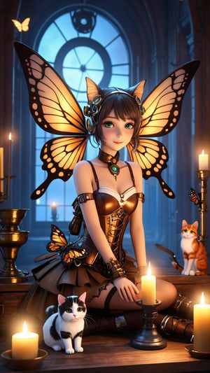 Anime, 16k, HD, RAW photo, best quality, (masterpiece:1.2), (highly detailed), Steampunk Faery Girl, Butterfly Wings, with a robot fairy Cat, in a candle lit room ,STEAM PUNK, more contrast, more sharpness, UHD