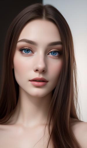 Photorealistic, HD, high_resolution, masterpiece, 8k, highly detailed, a girl, 18 y.o, long hair, light_blue_eyes, sexy_lips, wearing avant-garde artistic dress, in a modern art gallery, shallow depth of field, vignette, highly detailed, high budget, more_contrast, more_sharpness, perfect_lighting, Ultra High Definition