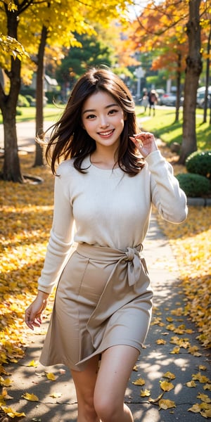 A serene autumn afternoon in a tranquil Japanese city park, where a stunning young woman laughs and twirls amidst vibrant piles of golden leaves, her long brown hair blowing gently in the breeze as she playfully kicks the rustling foliage, the warm sunlight casting a picturesque glow on the scene.