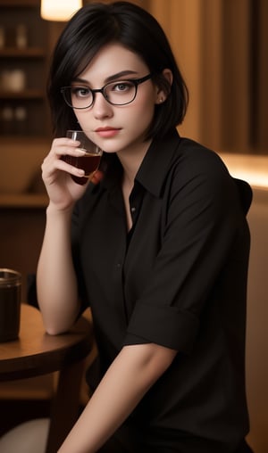 A young woman sits alone in a dimly lit indoor setting, her piercing black eyes fixed intently on the viewer. Her short, dark hair is styled neatly, and she wears a black shirt with short sleeves. A pair of glasses perches on the end of her nose. In one hand, she cradles a cup, its presence adding an air of tension to the scene. The table before her features a drinking glass, the only other item in sight. Her full lips are set in a firm line, as if she's deep in thought or contemplating her next move.