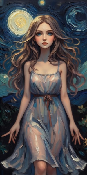 (Oil painting on canvas), (abstract oil painting) : A stunning solo portrait of a beautiful women, blue eyes, glossy lips, long waving hair, in a wonderland, night time, she stands alone under the moonlight, wearing a transparent dress, creating a contrast against the dark night. Dramaticaly views of mountain and hills on the background. (Highly detailed, Perfect light, more contrast)