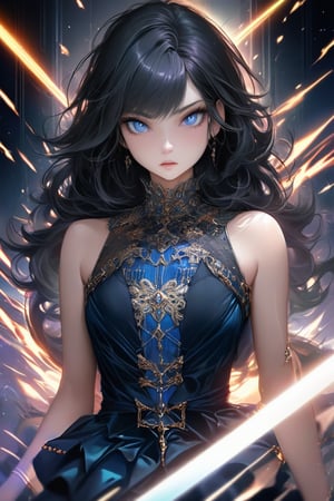 8k, semi_realistic, masterpiece, 1girl, 18 y.o, long black hair, light_blue_eyes, perfect body, looking to viewers, She is very badass, she wears a very luxurious outfit. detailed image, detailed skin, upper_body 1:3, ((masterpiece: 1.2)), lasers and light particles in background, perfect lighting, more sharpness, balance brightness, Ultra High Definition