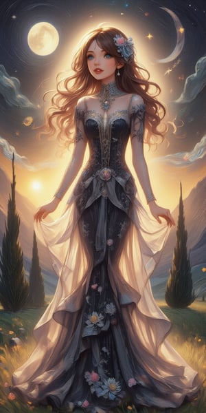 A majestic oil painting on canvas captures the ethereal essence of a ravishing woman, her piercing blue eyes and luscious lips glistening in the silvery moonlight. Her flowing locks wave gently as she stands serenely beneath the celestial glow, her translucent dress shimmering like stardust against the dark, mysterious night. The dramatic backdrop features majestic mountains and rolling hills, bathed in a warm, golden light that heightens the sense of wonder.