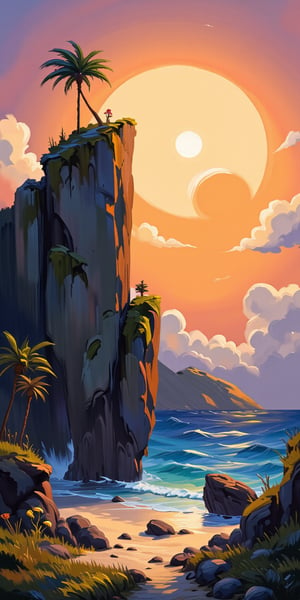 cliffbuilding, (sea bay), beach, palm tree, sunset, orange sky, cloud, (masterpiece),(ultra-detailed), 8k, (highly detailed CG illustration),(expressionless), (best quality:1.1), High quality texture, intricate details, detailed texture, High quality shadow, Cinematic Light, Depth of field, light source contrast, perspective,20s