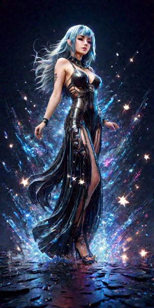 Sexy Pose, (masterpiece+best quality),(solo), 1Girl, 18y.o, very beautiful, white skins, blue hair , (high sexual attraction,long hair), in the dark night, (wearing sexy black transparent plastic dress + body implants) , moon , highly detailed surrealis background +with neon lights, stars,ink,Cyberpunk,Enhance,Armor