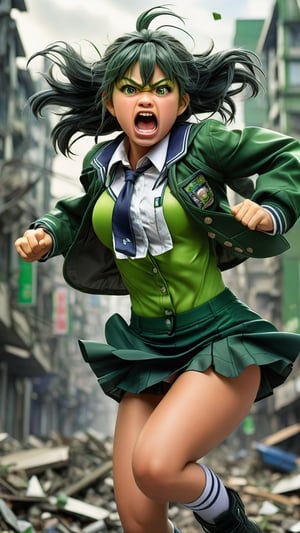 A kawaii rendition of a 16-year-old anime Hulk in a schoolgirl uniform, with green skin, an aggressive expression featuring raised eyebrows, a grimace on her lips, and an open mouth. She stands amidst a backdrop of a devastated cityscape, her perfect physique evident despite the chaos around her.