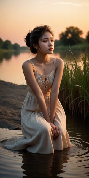 A young woman, 18yo and solo by the riverbank's soft twilight glow, sits forlornly awaiting her distant lover. Her porcelain complexion sullied by tears, her gaze drifts into the murky water as if seeking solace in its quiet depths. The setting sun casts a warm, melancholic hue upon her heartbroken face, emphasizing the sorrow etched across her features.