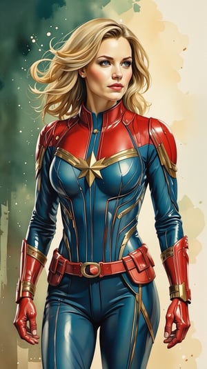 Watercolor-inspired portrait of a Captain Marvel. The background dissolves into an abstract blend of forest greens and browns, punctuated by occasional splashes of light creating a serene atmosphere. Her figure stands in high contrast against the muted backdrop, drawing focus, upper_body, bust