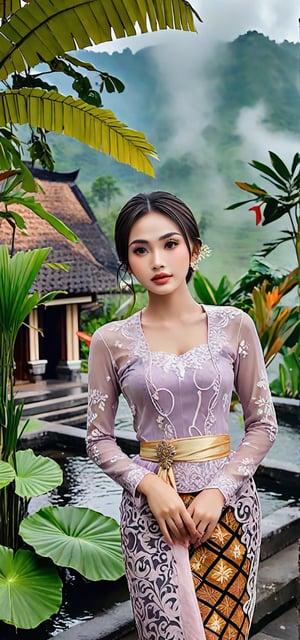 A stunning 16k masterpiece of an 18-year-old girl with tight bun hair, brown eyes, and wet lips, elegantly dressed in an Indonesian Kebaya, gazes directly at the camera. Set against a mystical Central Java landscape, she stands in a traditional village, surrounded by softly glowing plants and misty mountains that fade into the distance. The surreal colors blend harmoniously, casting a dreamlike ambiance.