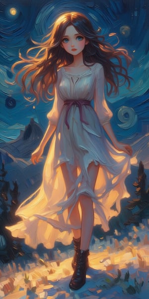 In this captivating oil painting, a ravishing young woman, 18 years old, with luscious, flowing locks, stands poised in a serene winter wonderland at dusk. Her ethereal gaze, illuminated by piercing light blue eyes, shines beneath a diaphanous dress, creating a striking juxtaposition against the dark night. The composition features half-body portraiture, showcasing her elegant form against the snow-kissed landscape. In the background, dramatic mountain and hilltop silhouettes unfold against the starry sky, bathed in perfect light with heightened contrast.