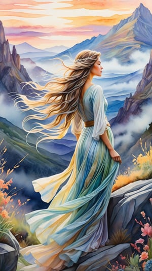 A watercolor painting depicting a lovely maiden lost in contemplation before a vast, otherworldly landscape. Soft brushstrokes convey intricate details as she gazes into the distance, where misty mountains meet the sky and glowing, ethereal flora sways gently. Her flowing locks dance in an alien breeze, as the scene dissolves into vibrant, surreal hues, capturing the whimsical essence of a fantasy-science fiction realm.