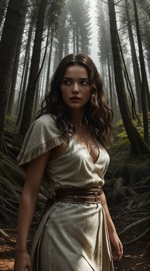 A cinematic masterpiece unfolds: a photorealistic 8K portrait of a stunning cave girl, 19 years young, with a radiant white body and long, dark brown hair waving gently behind her. Her light-brown eyes shine large and bright, paired with glossy lips that seem to whisper secrets. She stands confidently, fearless, clad in traditional prehistoric attire that leaves little to the imagination. In her hands, she grasps a mighty prehistoric spear, a symbol of strength and resilience. The dark, mysterious forest of the prehistoric era serves as a backdrop, its ancient trees looming large like sentinels. Volumetric lights cast an otherworldly glow, accentuating every detail in ultra-realistic edges, while hard-edge lighting adds depth and dimensionality to this hyper-realistic scene.