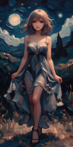 Under lunar illumination, a ravishing woman with piercing blue eyes and luscious locks stands solo amidst an ethereal wonderland at dusk. Her glossy lips seem to glow in the moon's silvery light as she dons a translucent gown, its delicate folds shimmering against the darkened landscape. In the background, majestic mountains and rolling hills rise dramatically, their contours heightened by the stark contrast between the woman's radiant aura and the night's mysterious shadows.