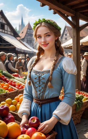 A serene 18-year-old medieval maiden, dressed in traditional attire, stands amidst the vibrant stalls of a bustling farmer's market. Her light blue eyes sparkle beneath the morning sun, and her wet lips curve into a gentle smile. Medium-sized breasts are subtly defined under her flowing garments. The air is filled with an array of colorful fruits and vegetables. In the background, half-timbered construction adorns the buildings, blending seamlessly with the natural surroundings. A masterpiece of medieval mystery unfolds, as if frozen in time. High-detail CrclWc textures bring the scene to life, reminiscent of watercolor art.