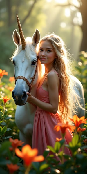 A serene jungle landscape, with lush greenery and vibrant flowers, sets the stage for a stunning scene. A girl, adorned with long, flowing hair that waves in the gentle breeze, stands confidently beside a majestic unicorn. The unicorn's delicate features are illuminated by perfect sunlight, which casts a warm glow on its colorful, spread wings. The subject's perfect face, featuring bright, captivating eyes and glossy lips, beams with a radiant smile. The atmosphere is heightened by more contrast between the jungle's greens and the girl's vibrant attire, resulting in a visually striking image.