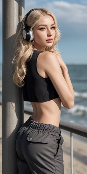 A French hip-hop dancer sits at the seaside, her very long, curly grey-blonde hair flowing down her back like a golden waterfall. She wears all black attire - a loose-fit top and wide cargo pants - along with sleek sneakers and a pair of headphones around her neck. A delicate necklace and earrings adorn her accessories. As she gazes out at the horizon, the sun's warm light casts a dramatic cowboy-shot frame, emphasizing the sharp focus on her beautiful, detailed eyes. The sea bank's rugged texture and fine details are captured in photorealistic 32k resolution, creating an ultra-detailed, finely detailed masterpiece.