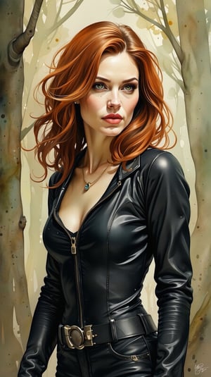 Watercolor-inspired portrait of a Black Widow. The background dissolves into an abstract blend of forest greens and browns, punctuated by occasional splashes of light creating a serene atmosphere. Her figure stands in high contrast against the muted backdrop, drawing focus, upper_body, more contrast