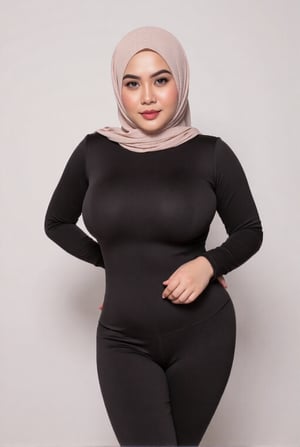 best_quality, masterpiece, (photorealistic:1.4), indonesian_mom , javanese face, hijab, curvy body, seductive  face, wearing gymsuit ,  model pose, at the studio,clean background, ultra realistic, very detailed, looking at viewer,jilbab,busty breasts, huge booty ass