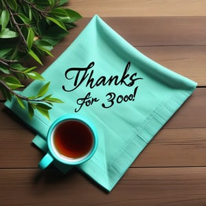 slightly above view, (close up:1.4), night, (tea bush branches:1.3), [glowing leafs:0.8], cyan cup, saucer, napkin, (((Text "Thanks for 3000 likes"(napkin):1.8))), table, Text