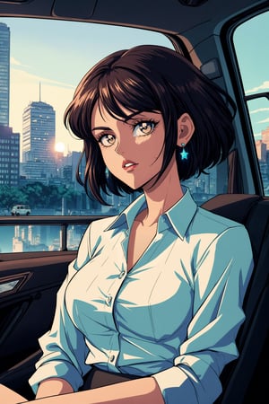 A masterpiece of 80s aesthetic, a stunning portrait of a lone individual sitting in a car, indoors, directly in front of the viewer. The subject's attention is focused on the viewer as they hold a beige telephone and gaze out with parted lips, framed by a shirt with a beach pattern slightly unbuttoned, showcasing best shadow definition. Earrings glint in the soft light. In the background, the sundown sky meets the cityscape, with detailed buildings and cars visible against the clear blue. The steering wheel dominates the foreground, a poignant reminder of the subject's solitary presence.
