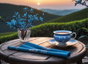 aesthetic, ((close up)), (tea bush:1.4), blue bush, ancient atmosphere, branches, text on table "Thanks for 3K likes", table in grond, evening