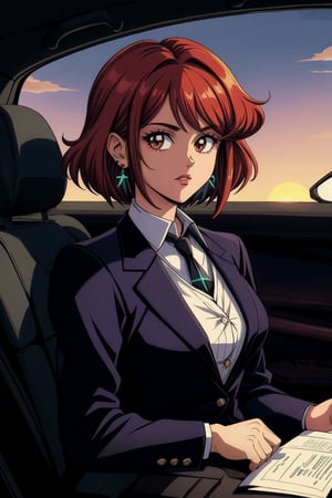masterpiece, best quality, eighties, aesthetic, best shadow, detailed background, alone, car, indoors, in front of viewer, sitting, pyradef, earrings, blazer with buttons, shirt, collar, striped tie, (driving:1.2), sundown (backgrond, clear sky), looking at viewer