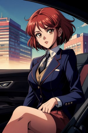masterpiece, best quality, eighties, aesthetic, best shadow, detailed background, alone, car, indoors, right in front of the viewer, sitting, pyradef, earrings, blazer with buttons, shirt, collar, striped tie, steering wheel(foreground), (driving:1.2), sundown(backgrond, clear sky), city(backgrond), looking at viewer