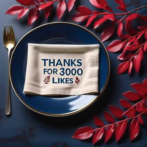 view from above, (close up:1.4), night, table, (tea bush branches:1.3), red bush leafs, [glowing leafs:0.8], dark blue cup, saucer, napkin, teaspoon, (((Text "Thanks for 3000 likes !"(napkin):1.8))), Text