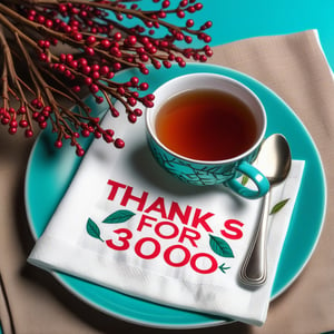 view from above, (close up:1.4), night, (tea bush branches:1.3), red bush, [glowing leafs:0.8], cyan cup, saucer, napkin, (((Text "Thanks for 3000 likes !"(napkin):1.8))), table, Text