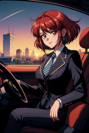 masterpiece, best quality, eighties, aesthetic, best shadow, detailed background, alone, car, indoors, right in front of the viewer, sitting, pyradef, blazer with buttons, shirt, striped tie, steering wheel(foreground), (driving:1.2), sundown (backgrond, clear sky), city(backgrond), (closed mouth:1.4), (closed mouth:1.4), smile, looking at viewer