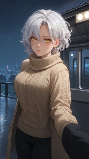 score_9,score_8_up,score_7_up,score_6_up, gloomy, pov hands, train station, under roof, alone, short hair, custom hairstyle, white hair, (black ends of curls:1.3), yellow eyes, pale eye color, ear piercing, wool sweater, black trousers, coat, scarf, 40DDD-cup breasts, holding hands, standing, rain, sad, night, looking at viewer