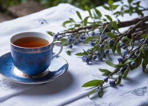 aesthetic, ((close up)), (tea bush branches:1.4), blue bush, [ancient atmosphere], cup, branches, napkin, ((text "Thanks for 3000 likes":1.8)), text on napkin, table in grond, (evening:1.2)