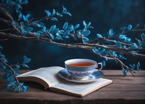 aesthetic, ((close up)), (tea bush branches:1.4), blue bush, ancient atmosphere, branches, text on table "Thanks for 3K likes", table in grond, evening