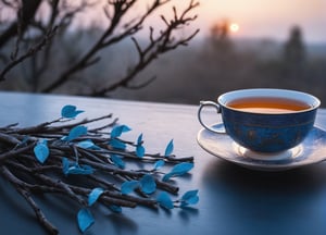 aesthetic, ((close up)), (tea bush branches:1.4), blue bush, ancient atmosphere, branches, text on table "Thanks for 3K likes", table in grond, evening